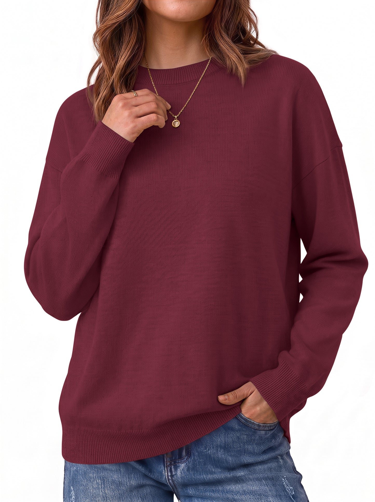 MOSHU Crewneck Sweaters for Women Drop Shoulder Women Sweaters Long Sleeves Fall Tops Knit Pullover Sweaters