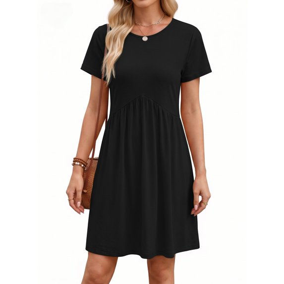 MOSHU Dresses for Women Crewneck Short Sleeves Women Dresses Casual A-Line Midi Dress with Pockets