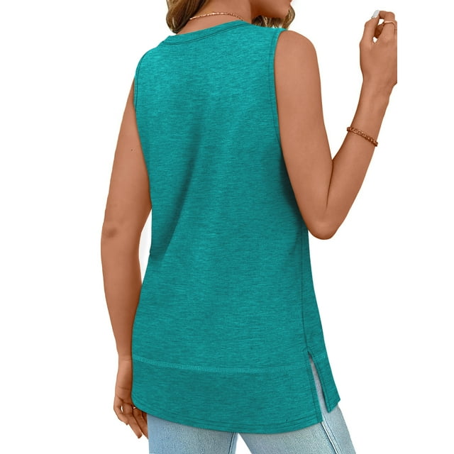 MOSHU Summer Tank Tops for Women Round Neck Sleeveless Plus Size Tops Slit Side Stiching Womens Shirts