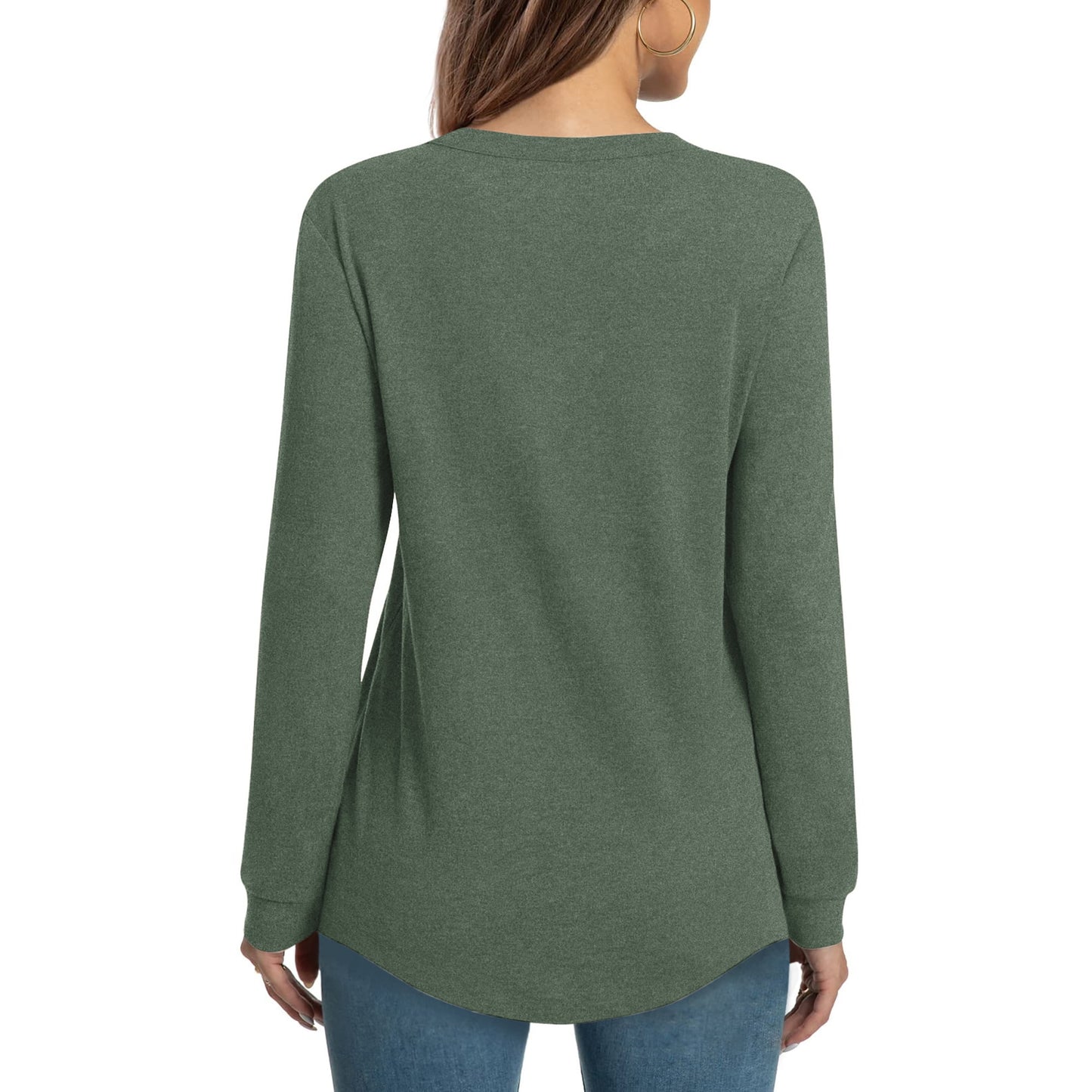 MOSHU V-neck T Shirts for Women Casual Long Sleeve Tunic Tops Curve Hem Fall Button Shirts