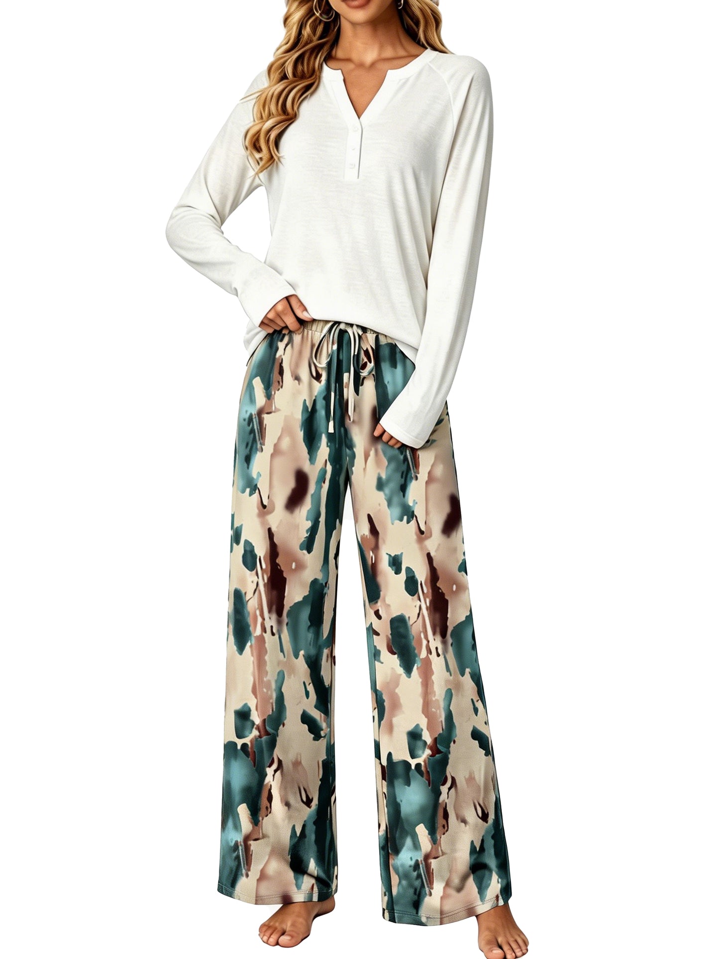 MOSHU Womens Pajamas Sets V Neck Buttons Long Sleeve Tops add Printed Drawstring Pants with Pockets Casual Lounge Sets for Women