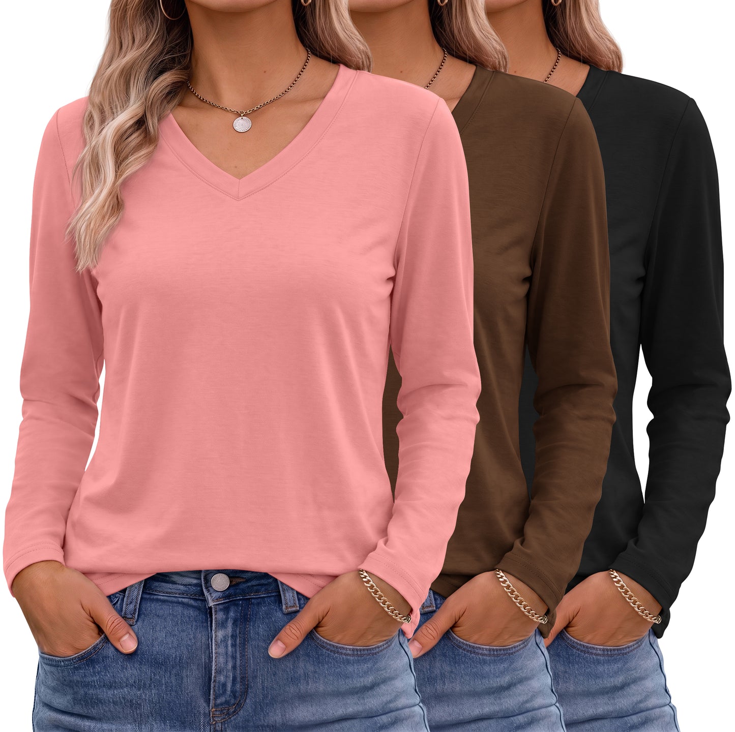 MOSHU 3 Pack T Shirts for Women V Neck Long Sleeve Womens T-shirts Casual Basics Tees Loose Fit Fall Tops