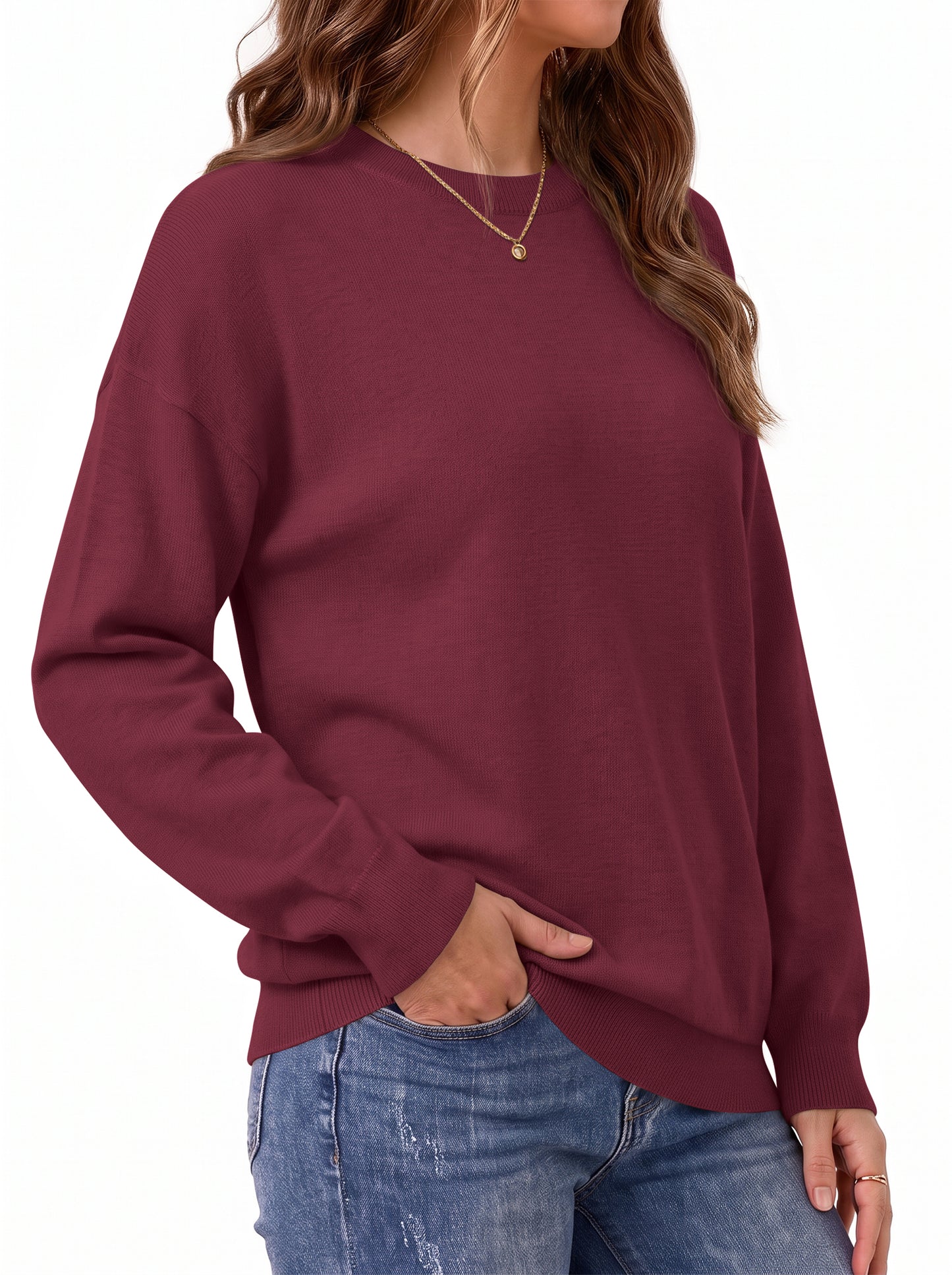 MOSHU Crewneck Sweaters for Women Drop Shoulder Women Sweaters Long Sleeves Fall Tops Knit Pullover Sweaters
