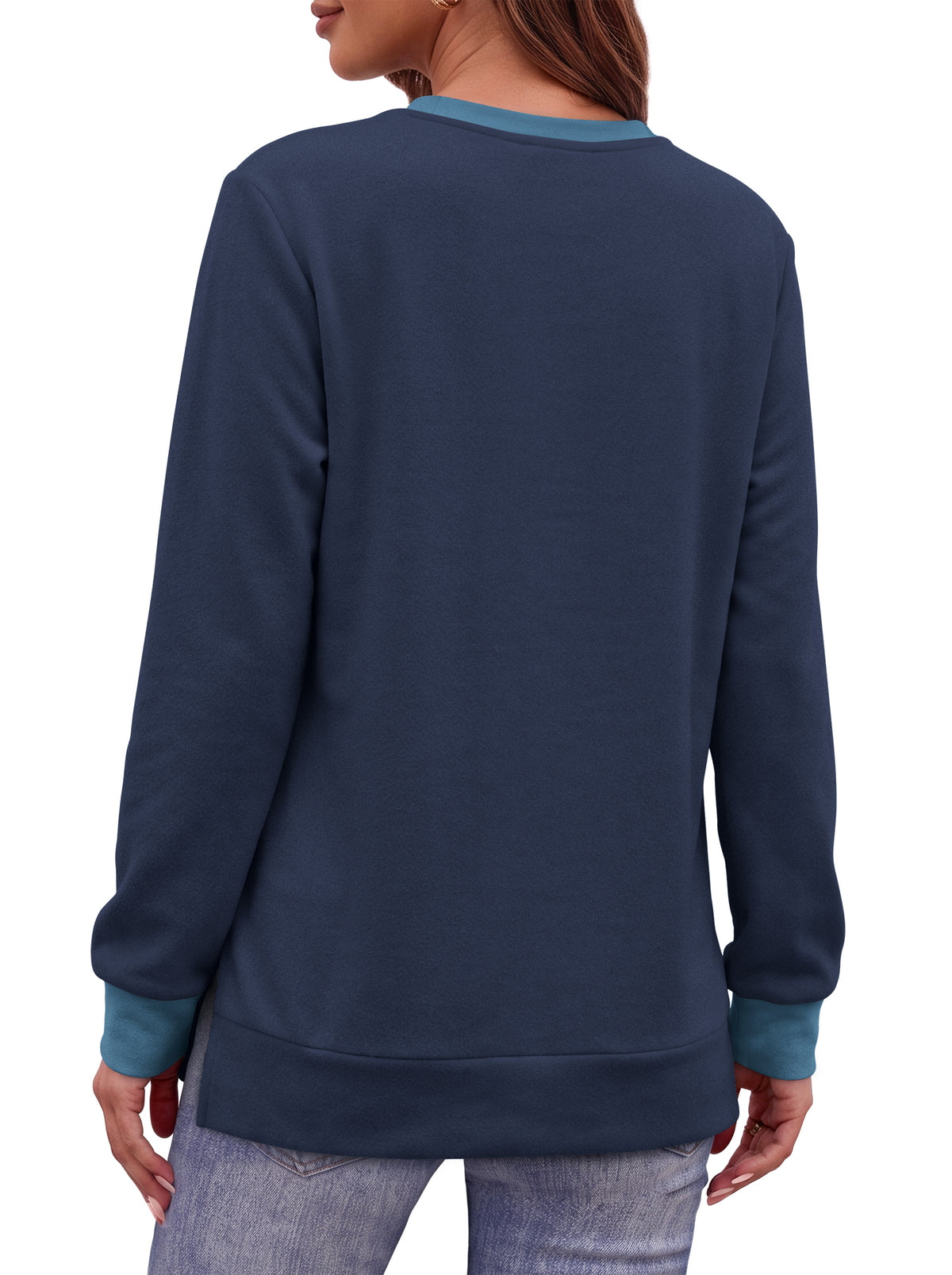 MOSHU Color Block Sweatshirts for Women Side Split Long Sleeve Shirts Crewneck Fall Womens Tops Casual Outfits
