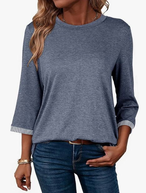 MOSHU 3/4 Sleeve Tops for Women Crew Neck Ribbed Cuff Tops Lightweight Summer Casual Dressy Shirts