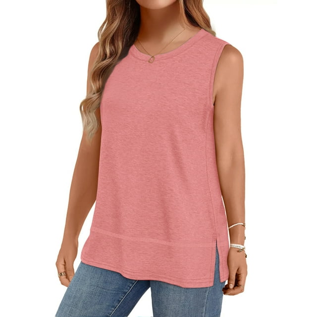 MOSHU Summer Tank Tops for Women Round Neck Sleeveless Plus Size Tops Slit Side Stiching Womens Shirts