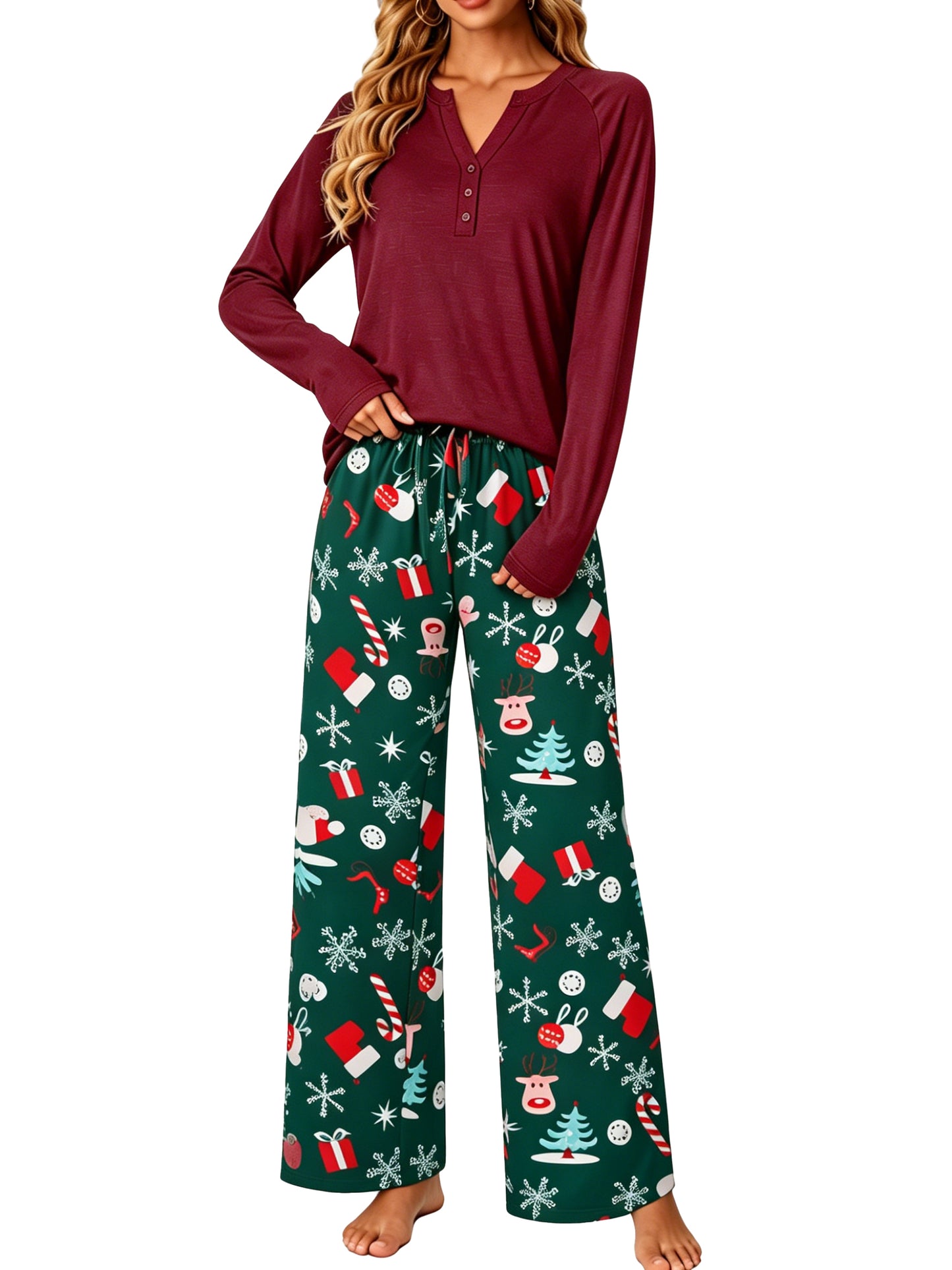 MOSHU Womens Pajamas Sets V Neck Buttons Long Sleeve Tops add Printed Drawstring Pants with Pockets Casual Lounge Sets for Women