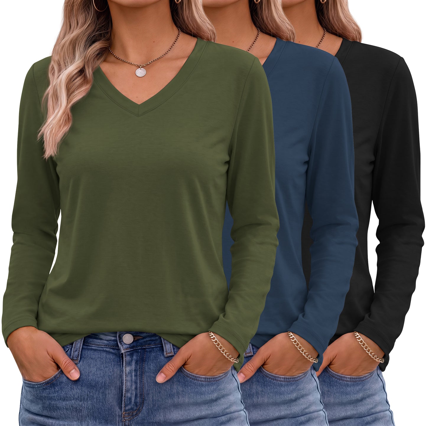 MOSHU 3 Pack T Shirts for Women V Neck Long Sleeve Womens T-shirts Casual Basics Tees Loose Fit Fall Tops