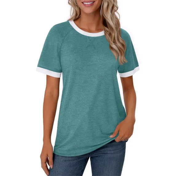 MOSHU Color Block Womens T-shirts Round Neck Shirts for Women Short Sleeve Loose Fit Women Tops