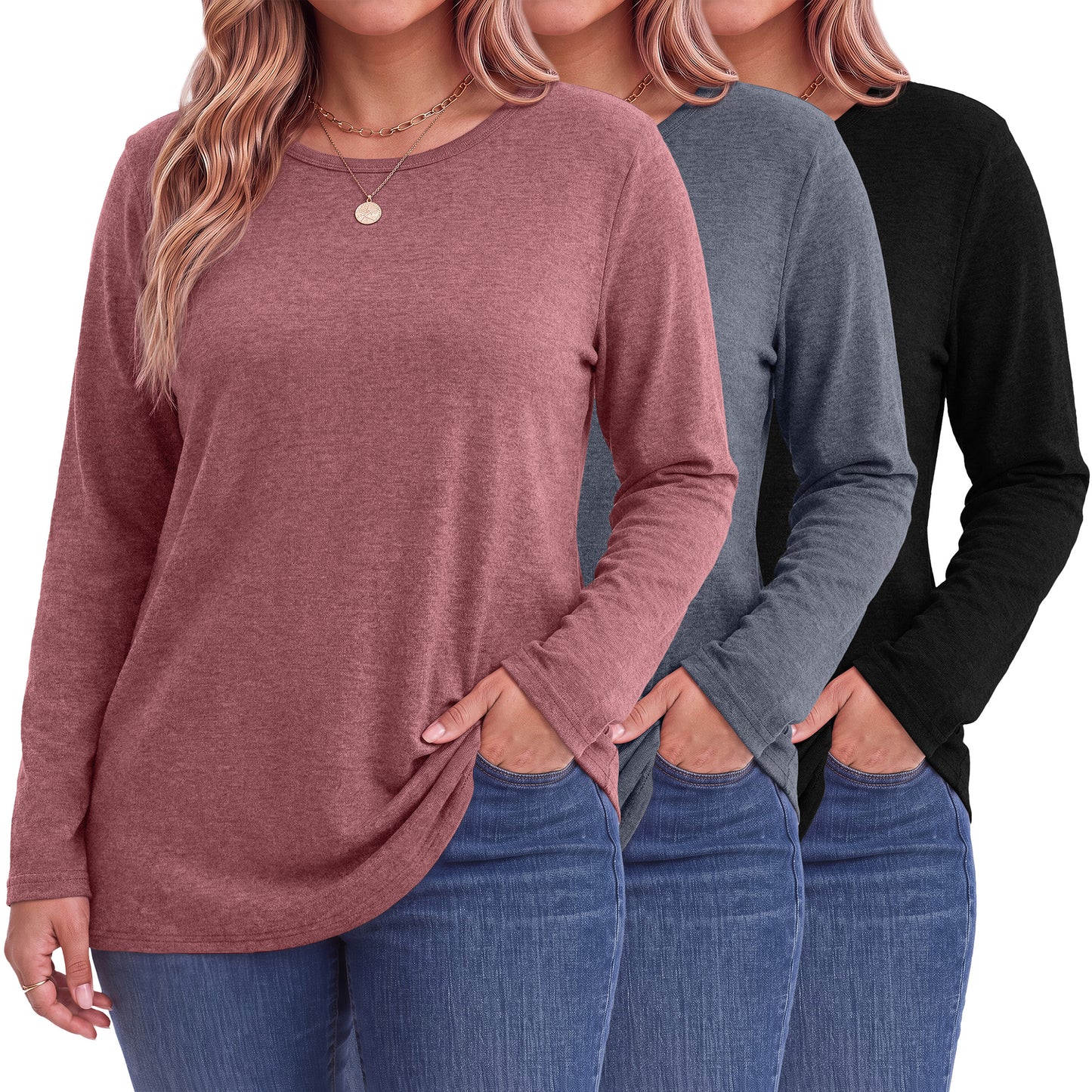 MOSHU 3 Pack T Shirts for Women Crew Neck Plus Size Women Shirts Long Sleeve Tees Casual Basic Fall Tops
