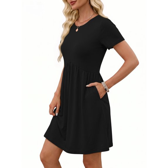 MOSHU Dresses for Women Crewneck Short Sleeves Women Dresses Casual A-Line Midi Dress with Pockets