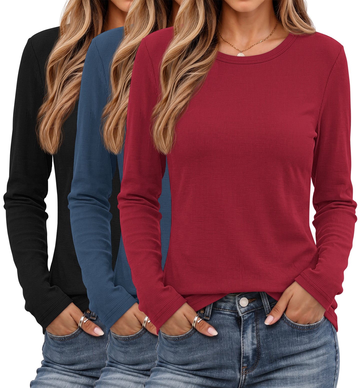 MOSHU 3 Pack T Shirts for Women Ribbed Long Sleeve Shirts Crew Neck Slim Fit Undershirts Casual Fall Tight Tops