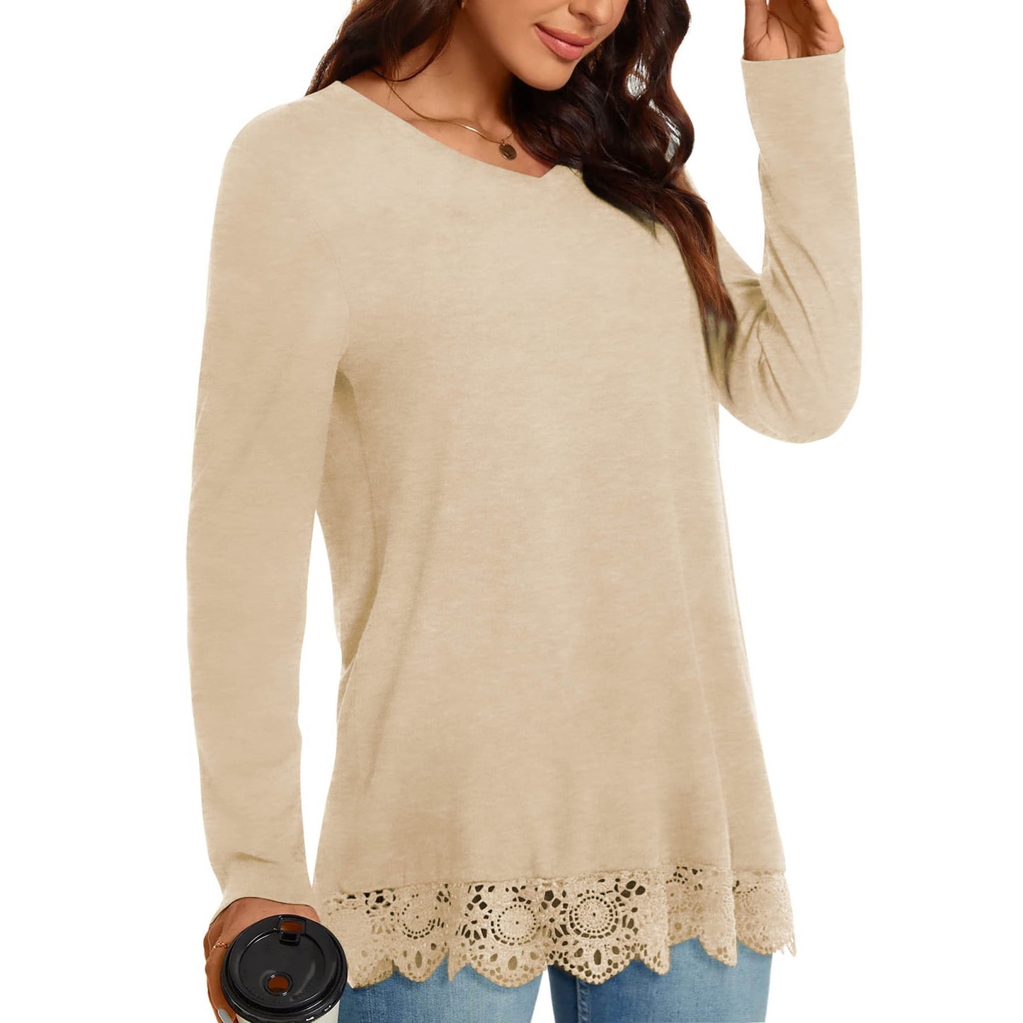 MOSHU Long Sleeve Tops for Women V-neck Womens Blouses Lace Hem Casual Shirts