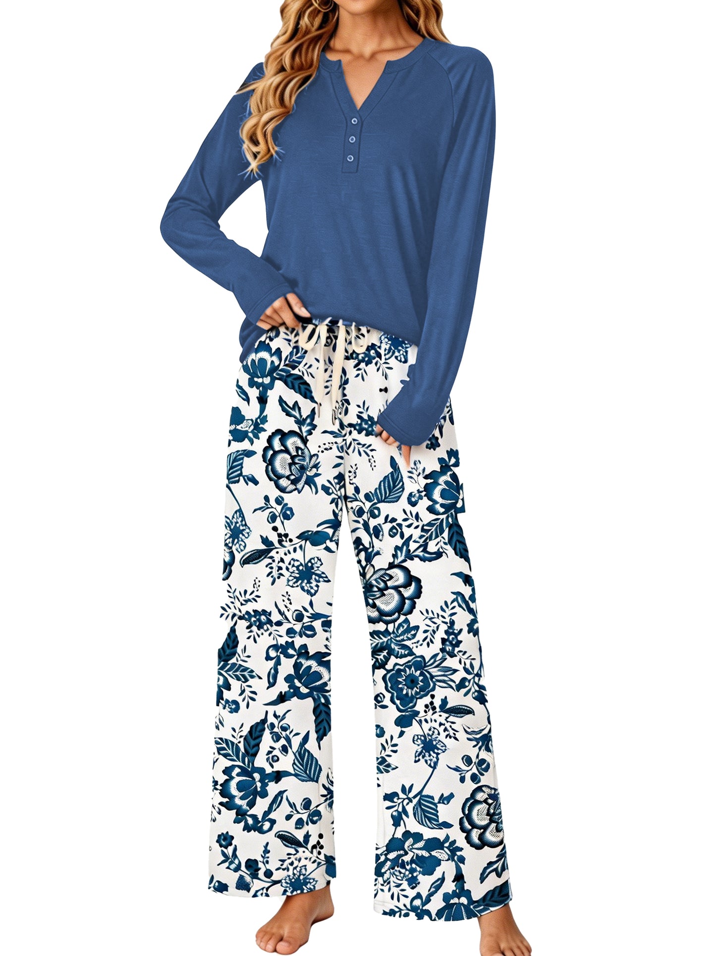 MOSHU Womens Pajamas Sets V Neck Buttons Long Sleeve Tops add Printed Drawstring Pants with Pockets Casual Lounge Sets for Women