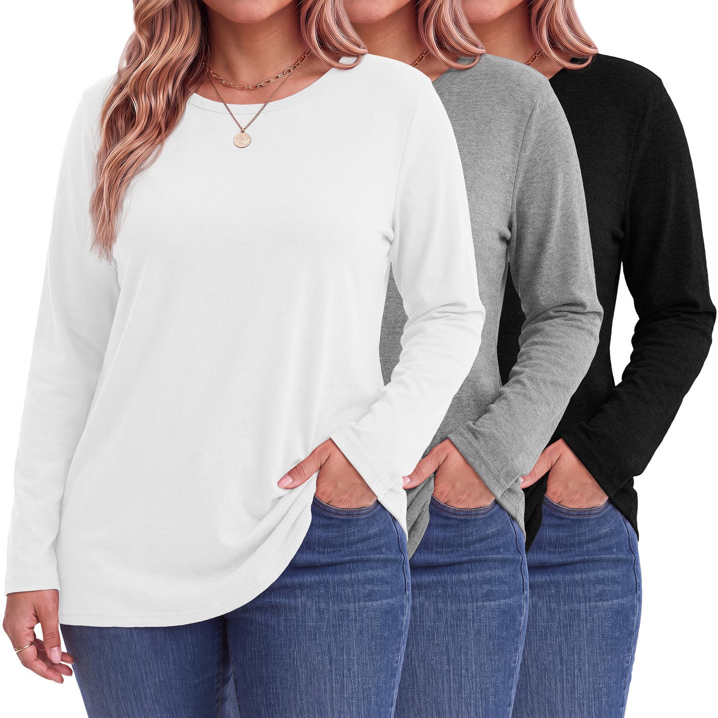 MOSHU 3 Pack T Shirts for Women Crew Neck Plus Size Women Shirts Long Sleeve Tees Casual Basic Fall Tops