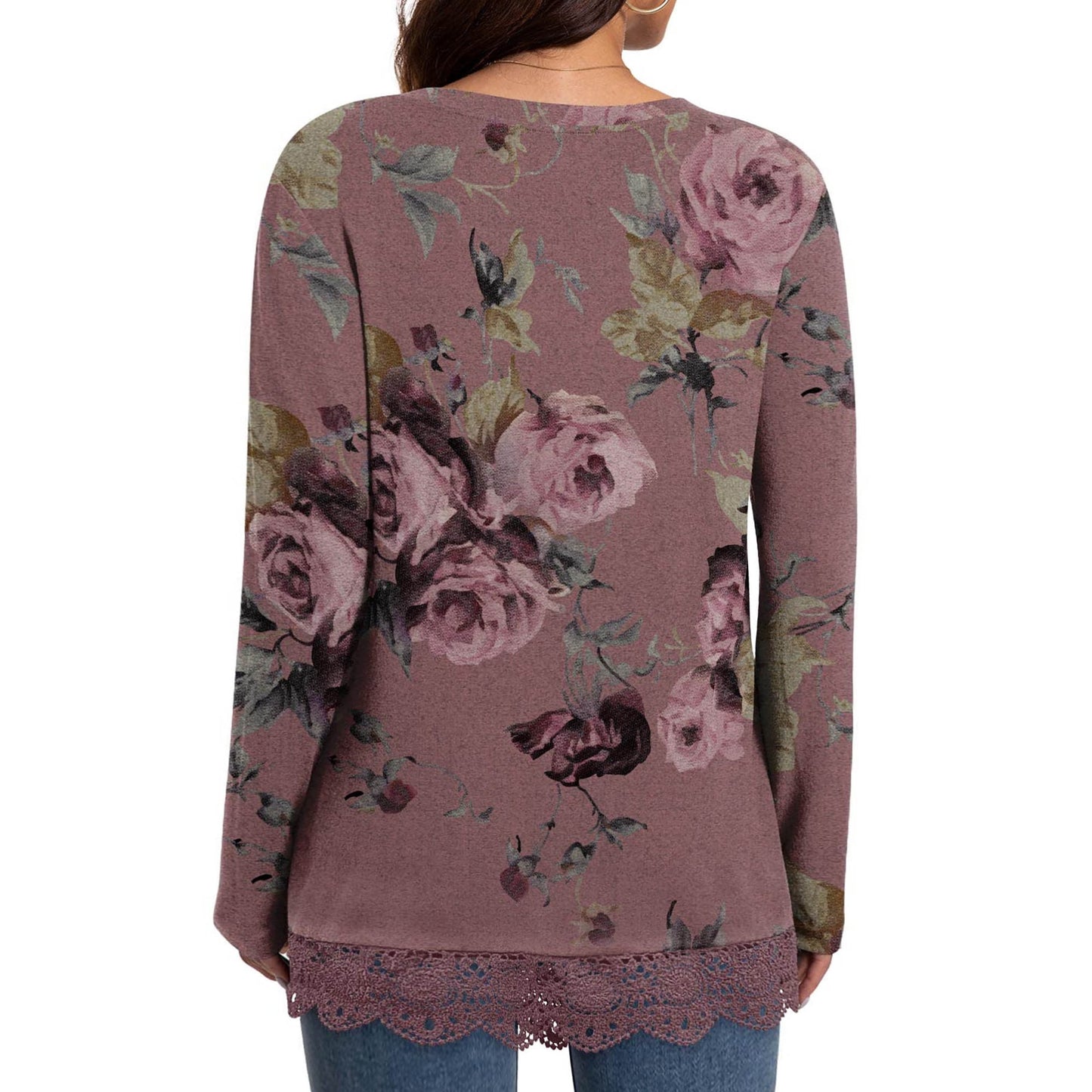MOSHU Long Sleeve Tops for Women V-neck Womens Blouses Lace Hem Casual Shirts