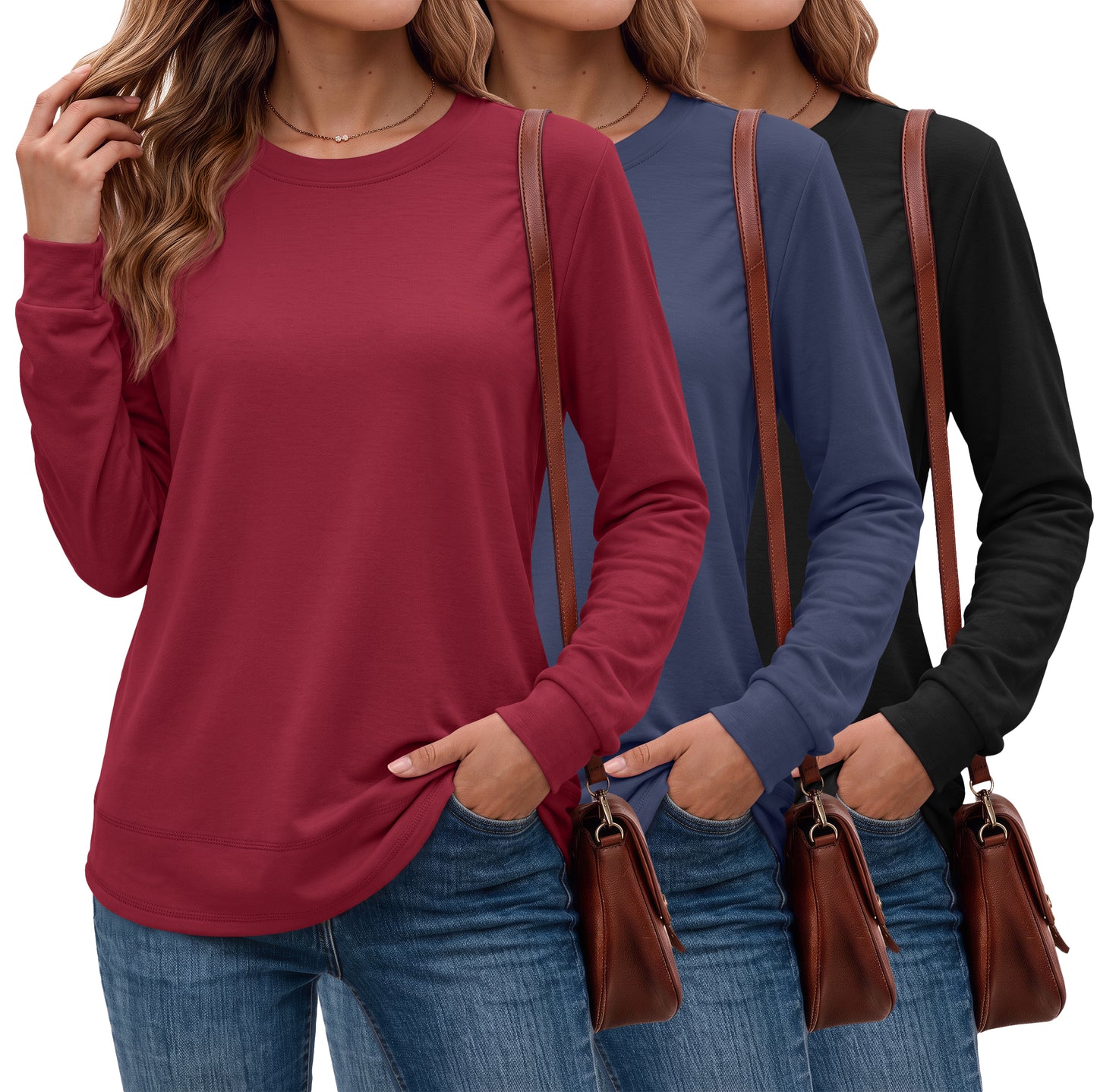 MOSHU 3 Pack Pullover Sweatshirts for Women Crew Neck Long Sleeve Shirts Casual Loose Fit Sweatshirts Curved Hem Tunic Tops