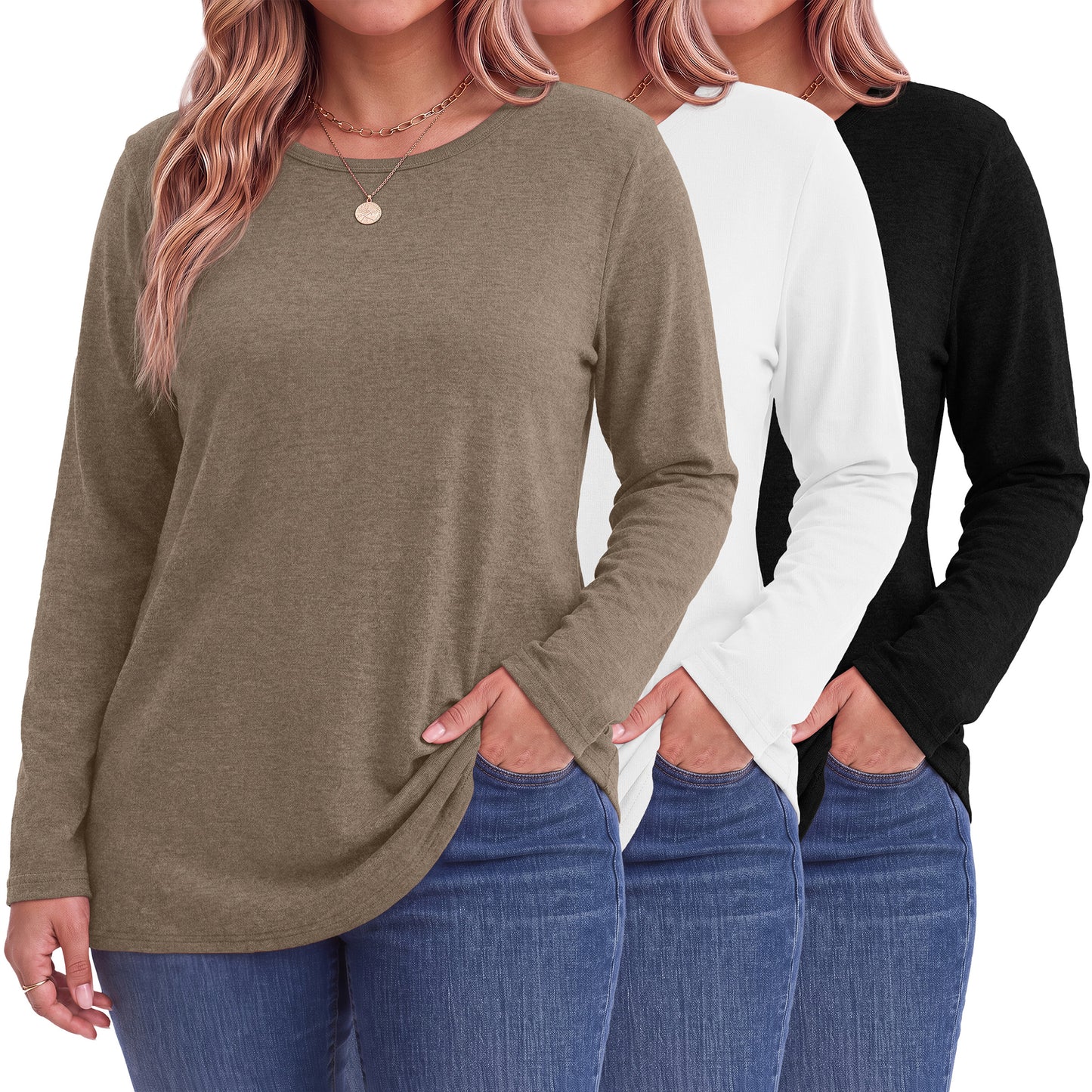 MOSHU 3 Pack T Shirts for Women Crew Neck Plus Size Women Shirts Long Sleeve Tees Casual Basic Fall Tops