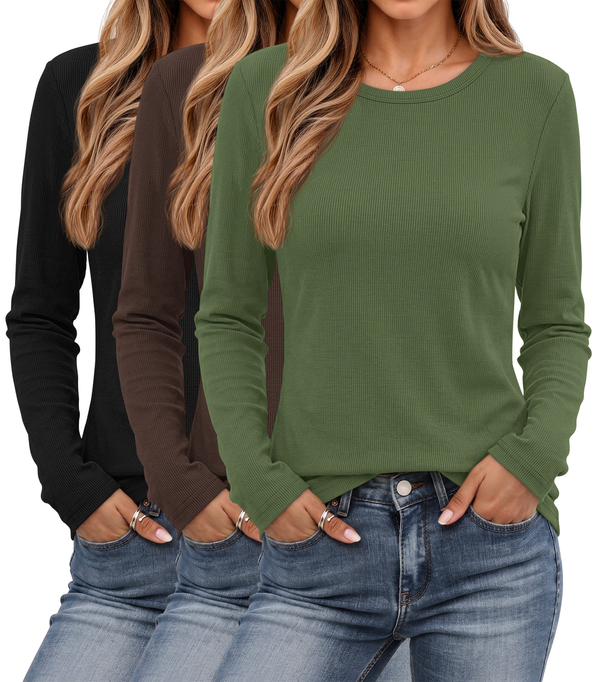MOSHU 3 Pack T Shirts for Women Ribbed Long Sleeve Shirts Crew Neck Slim Fit Undershirts Casual Fall Tight Tops