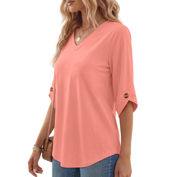 MOSHU V Neck Tops for Women 3/4 Length Sleeve Women Tops Casual Dressy Women Blouses Trendy Tunic Tops