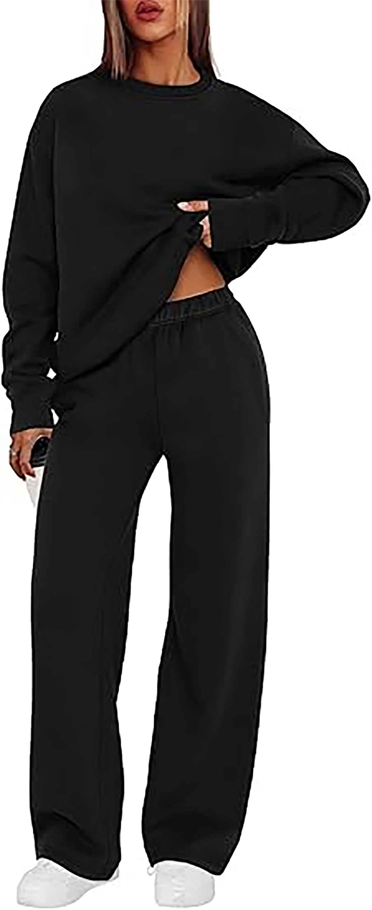 MOSHU Womens Sweatsuits 2 Piece Outfit Sets Winter Crewneck Sweatshirts and Loose Wide Leg Sweatpants Casual Fleece Lined Lounge Sets