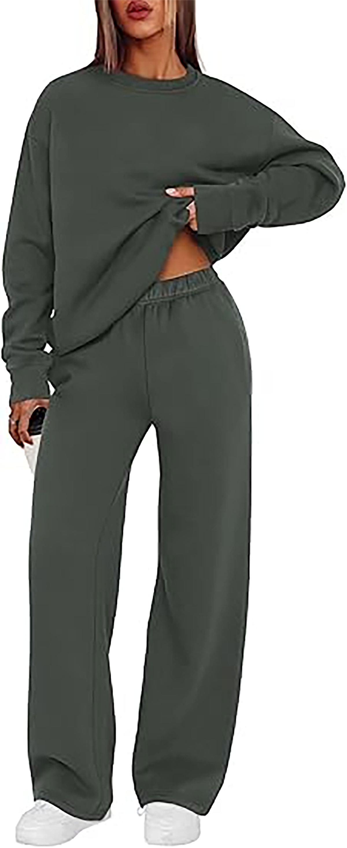 MOSHU Womens Sweatsuits 2 Piece Outfit Sets Winter Crewneck Sweatshirts and Loose Wide Leg Sweatpants Casual Fleece Lined Lounge Sets