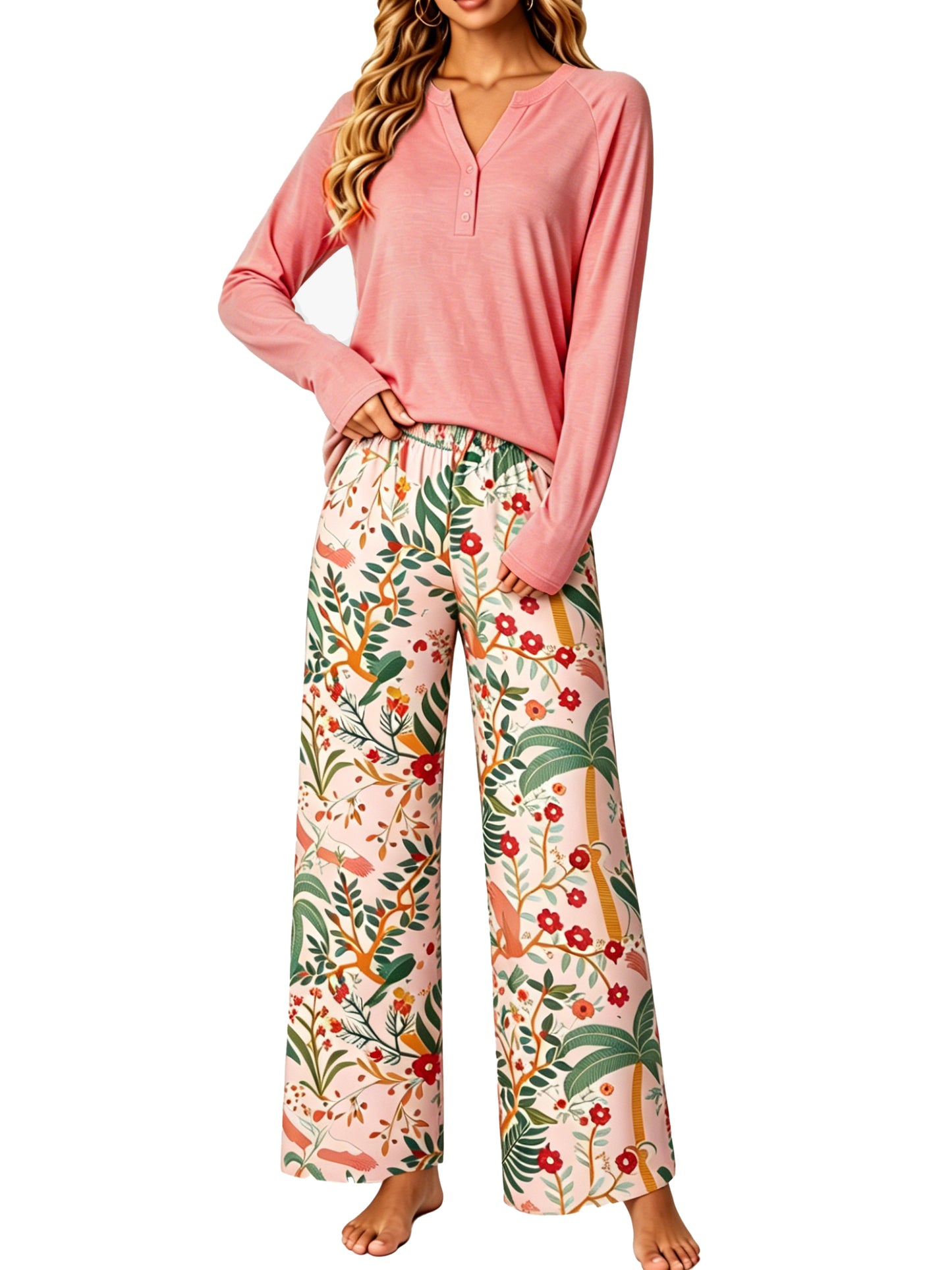MOSHU Womens Pajamas Sets V Neck Buttons Long Sleeve Tops add Printed Drawstring Pants with Pockets Casual Lounge Sets for Women
