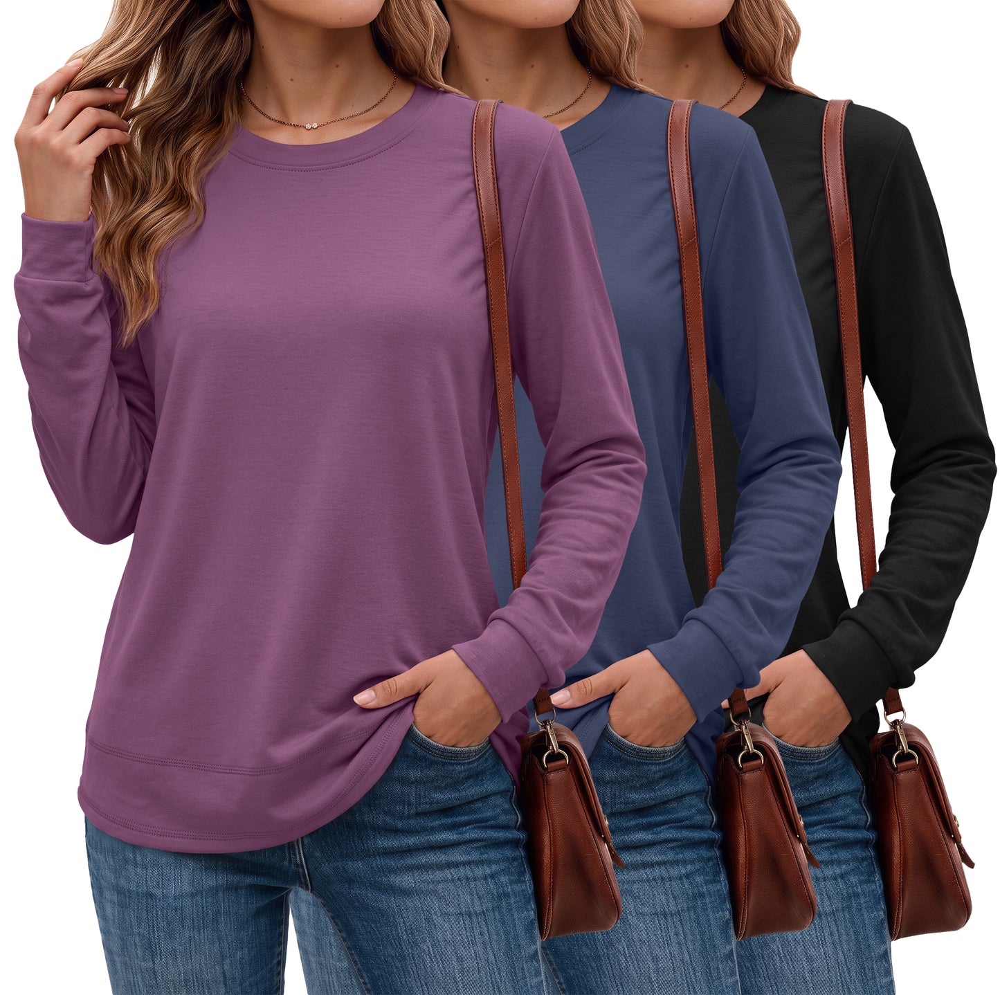 MOSHU 3 Pack Pullover Sweatshirts for Women Crew Neck Long Sleeve Shirts Casual Loose Fit Sweatshirts Curved Hem Tunic Tops