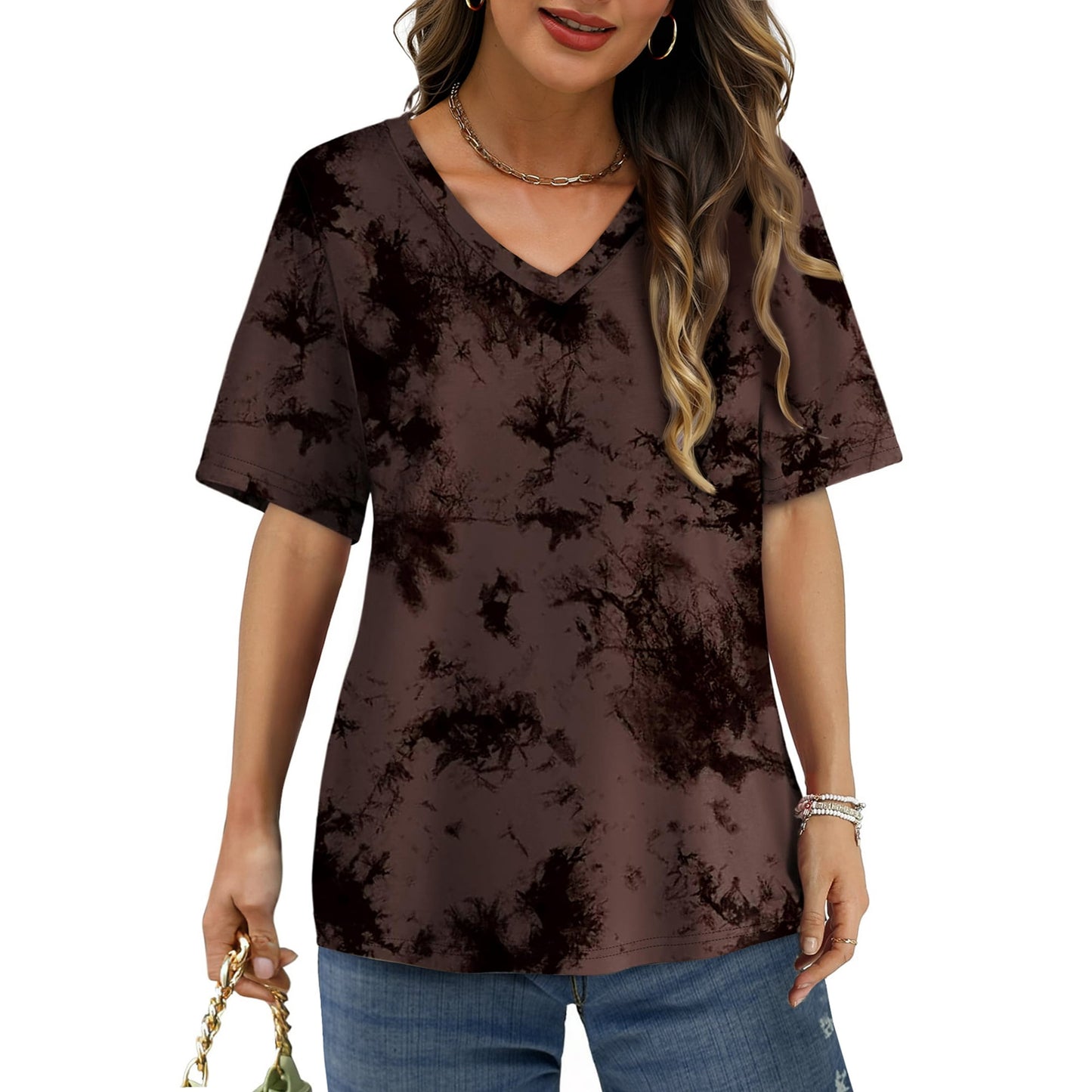 MOSHU Womens T-Shirts V Neck Short Sleeve Loose Tees Tops Casual Print Shirts for Women
