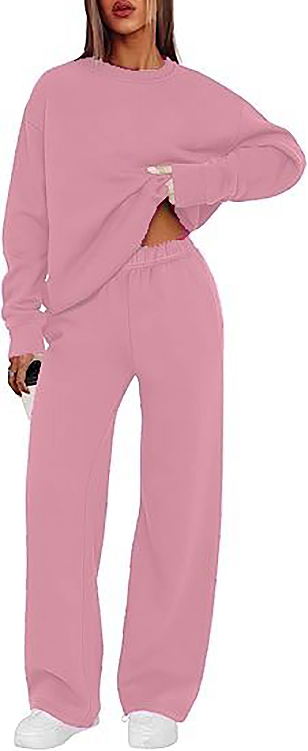MOSHU Womens Sweatsuits 2 Piece Outfit Sets Winter Crewneck Sweatshirts and Loose Wide Leg Sweatpants Casual Fleece Lined Lounge Sets