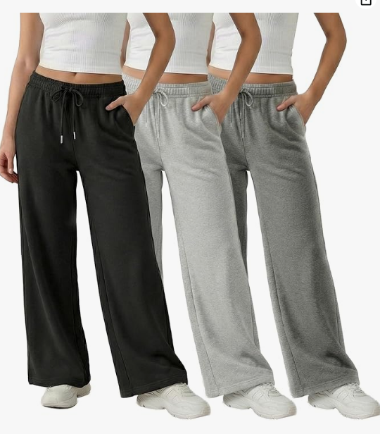 MOSHU 3 Pack Wide Leg Sweatpants for Women Fleece Baggy Womens Sweatpants Drawstring Elastic Pants with Pockets