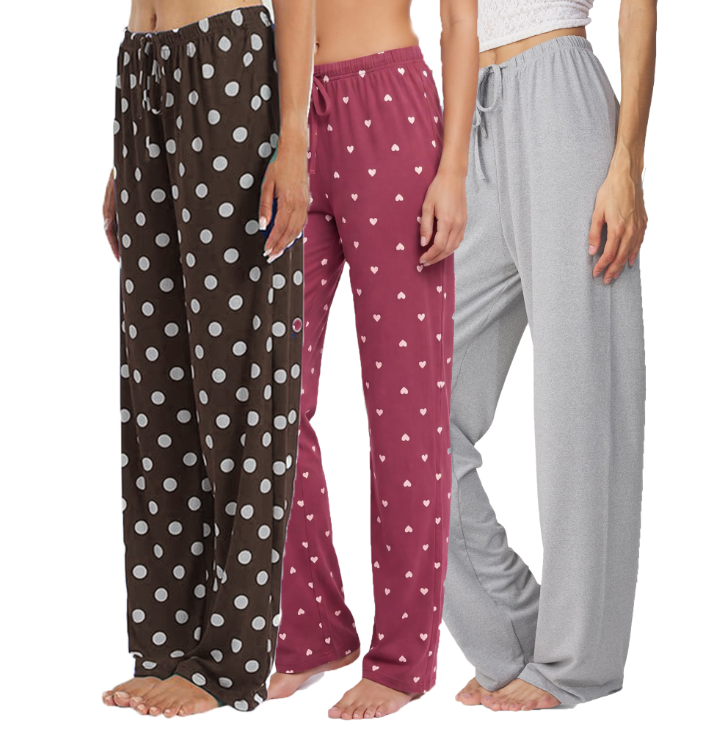 MOSHU 3 Pack Womens Pajama Pants Elastic Waist Drawstring Lounge Bottoms Wide Leg Sleepwear Lounge Pants with Pockets
