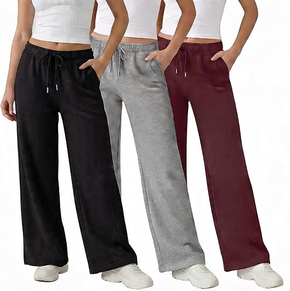 MOSHU 3 Pack Wide Leg Sweatpants for Women Fleece Baggy Womens Sweatpants Drawstring Elastic Pants with Pockets