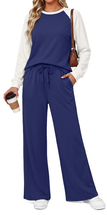 MOSHU Two Piece Sets for Women Casual Fall Travel Vacation Outfits Color Block Long Sleeve Tops and Drawstring Wide Leg Pants with Pokets Lounge Sets