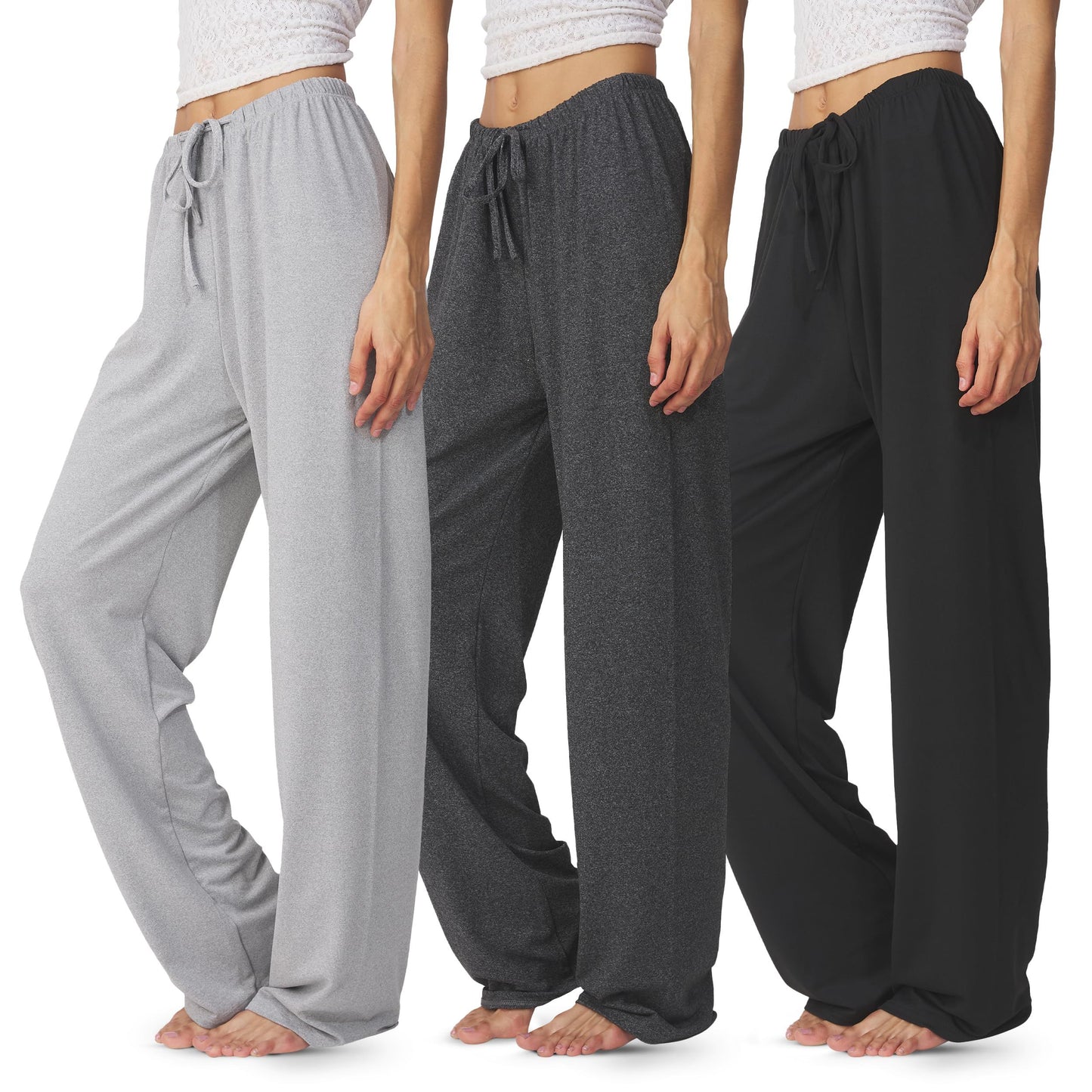 MOSHU 3 Pack Womens Pajama Pants Elastic Waist Drawstring Lounge Bottoms Wide Leg Sleepwear Lounge Pants with Pockets