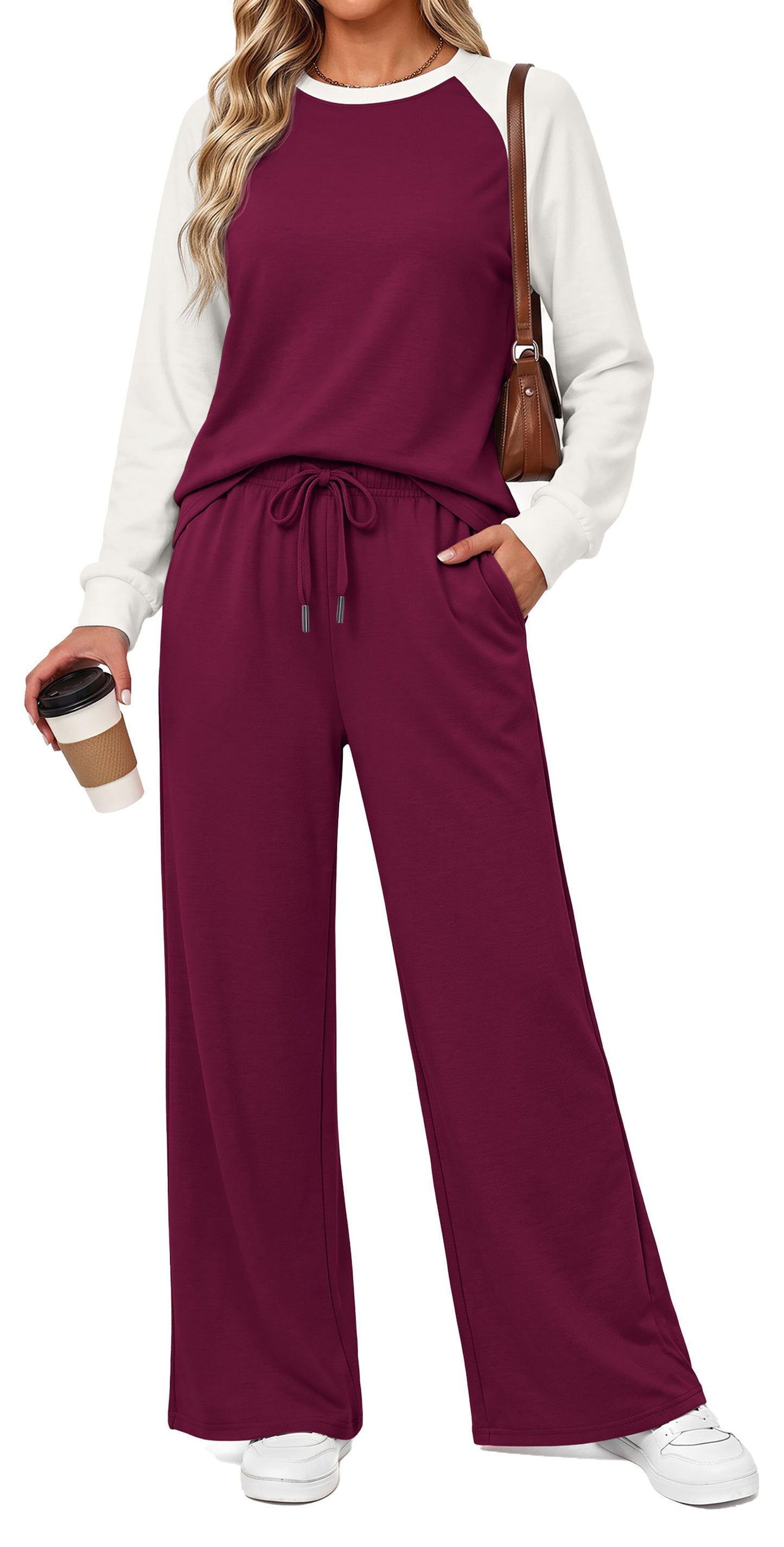 MOSHU Two Piece Sets for Women Casual Fall Travel Vacation Outfits Color Block Long Sleeve Tops and Drawstring Wide Leg Pants with Pokets Lounge Sets