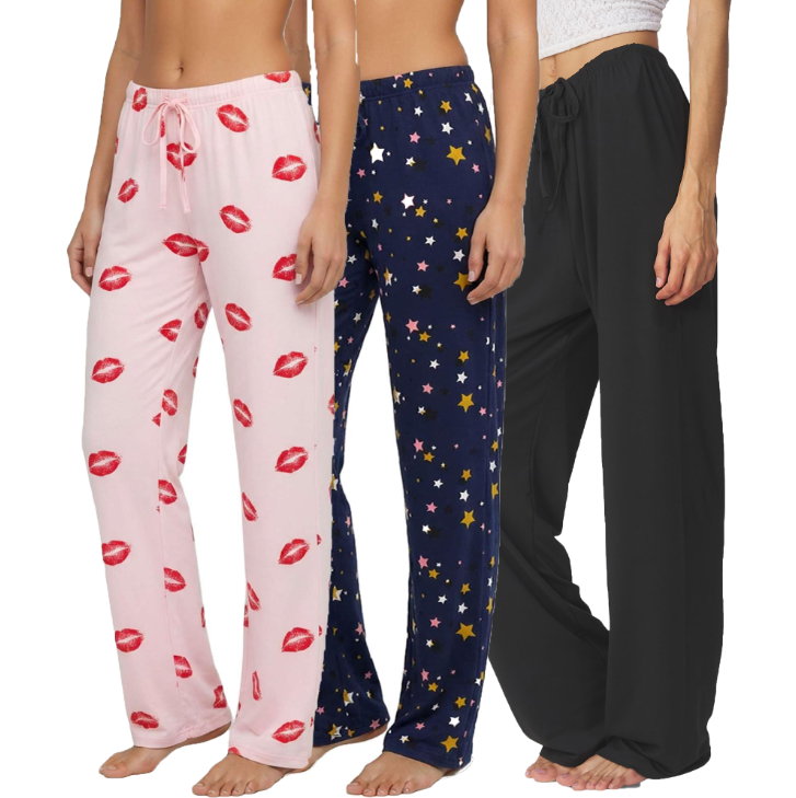 MOSHU 3 Pack Womens Pajama Pants Elastic Waist Drawstring Lounge Bottoms Wide Leg Sleepwear Lounge Pants with Pockets