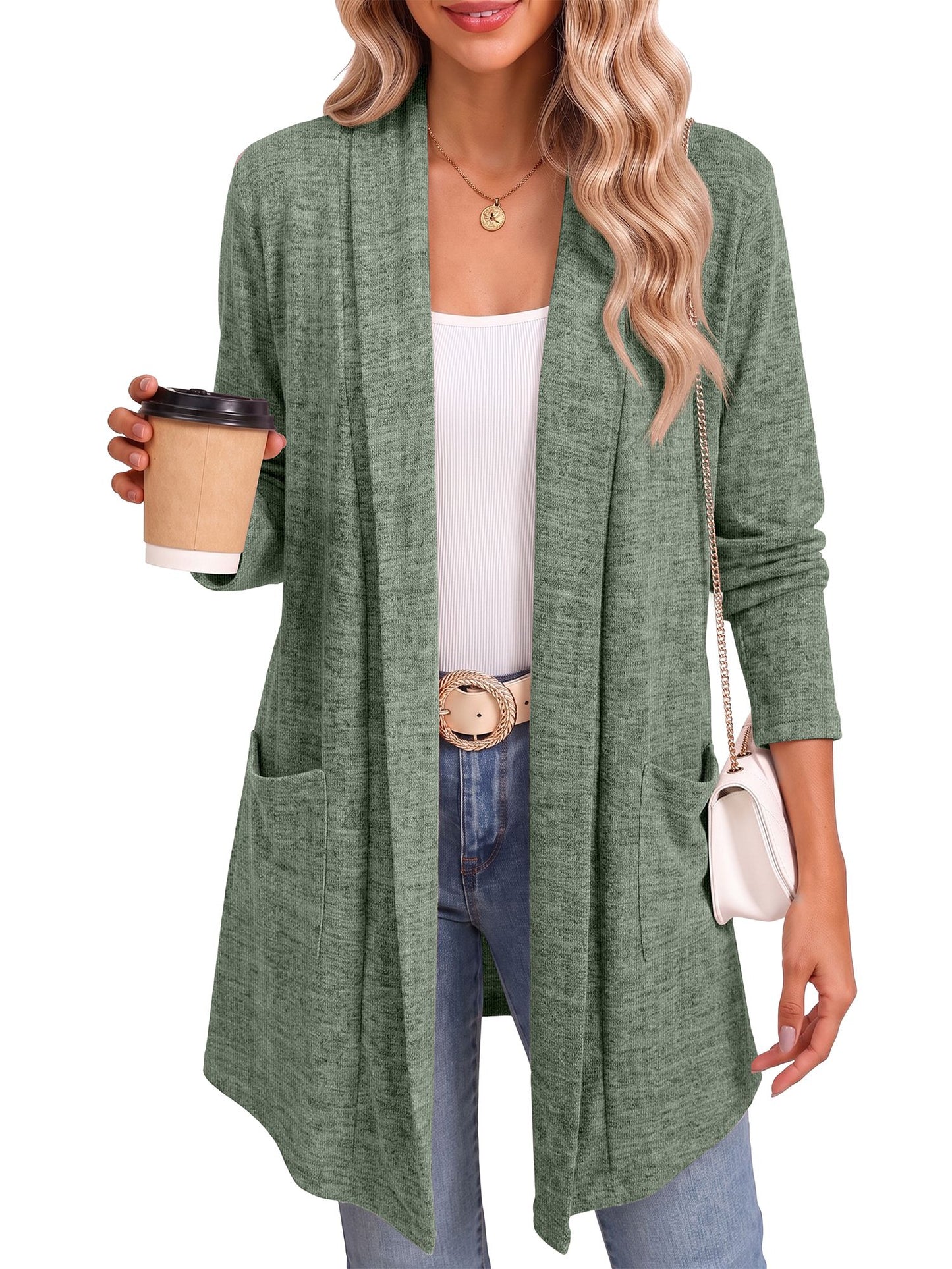 MOSHU Cardigan Sweaters for Women Lightweight Open Front Cardigans Casual Loose Fall Coat with Pockets