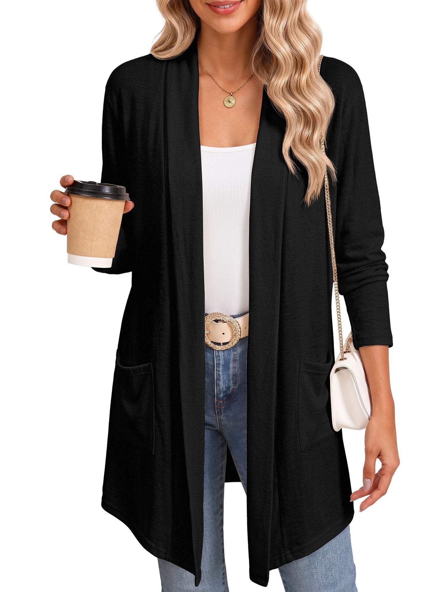 MOSHU Cardigan Sweaters for Women Lightweight Open Front Cardigans Casual Loose Fall Coat with Pockets