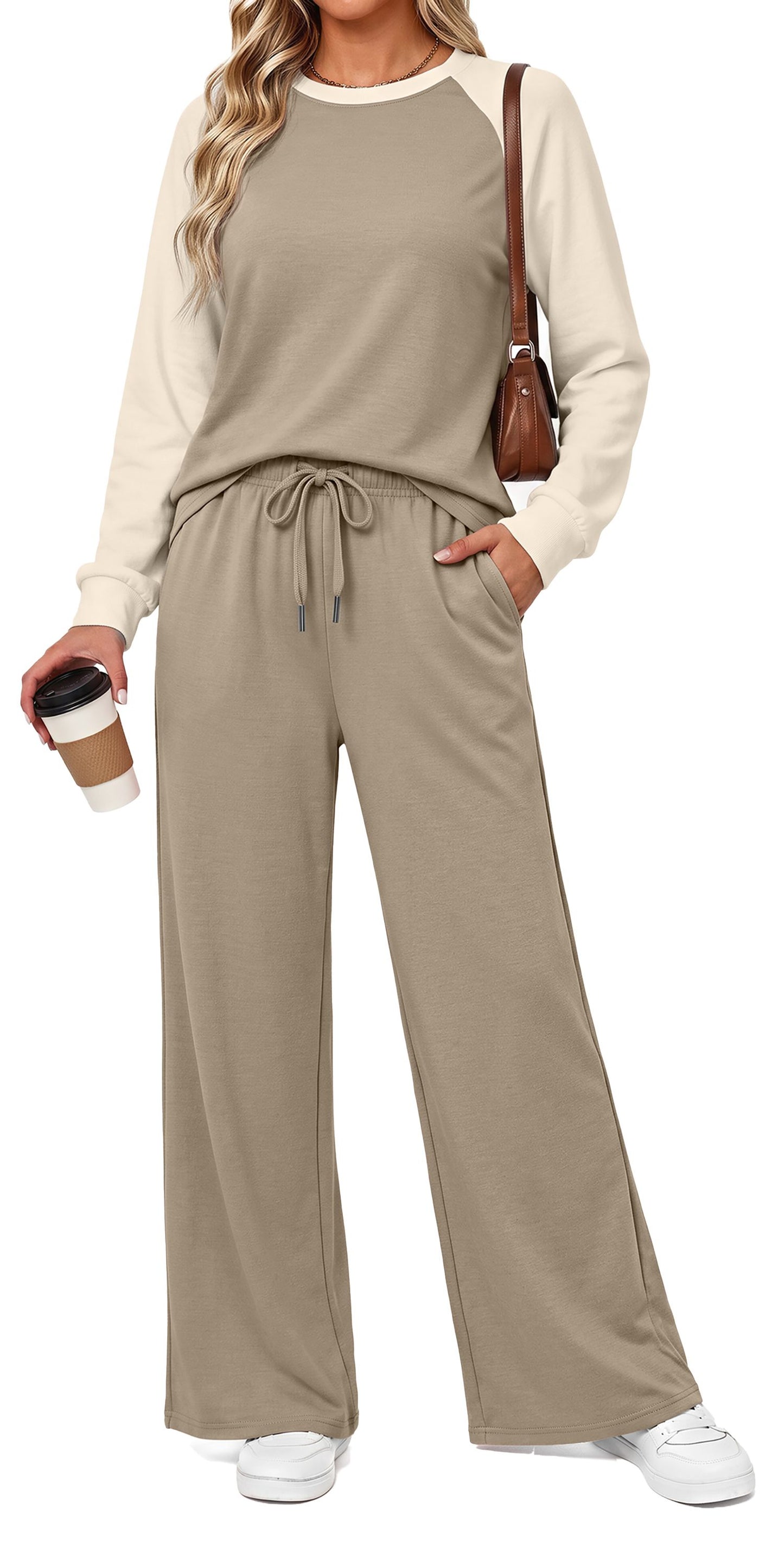 MOSHU Two Piece Sets for Women Casual Fall Travel Vacation Outfits Color Block Long Sleeve Tops and Drawstring Wide Leg Pants with Pokets Lounge Sets