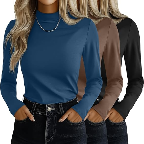 MOSHU 3 Pack Tshirts for Women Long Sleeve Mock Neck Women T-shirts Loose Fit Pullover Tops Casual Base Layer