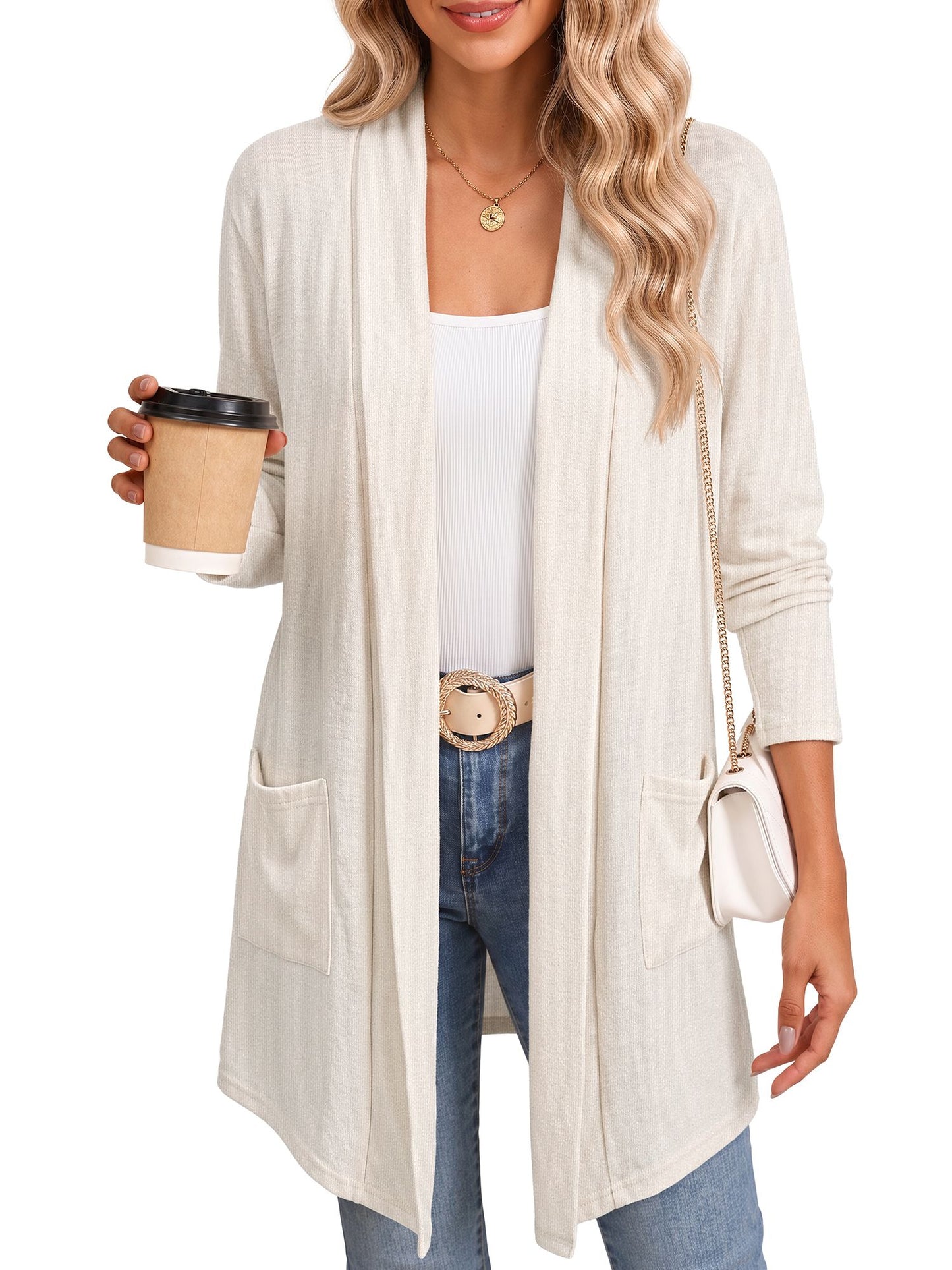 MOSHU Cardigan Sweaters for Women Lightweight Open Front Cardigans Casual Loose Fall Coat with Pockets