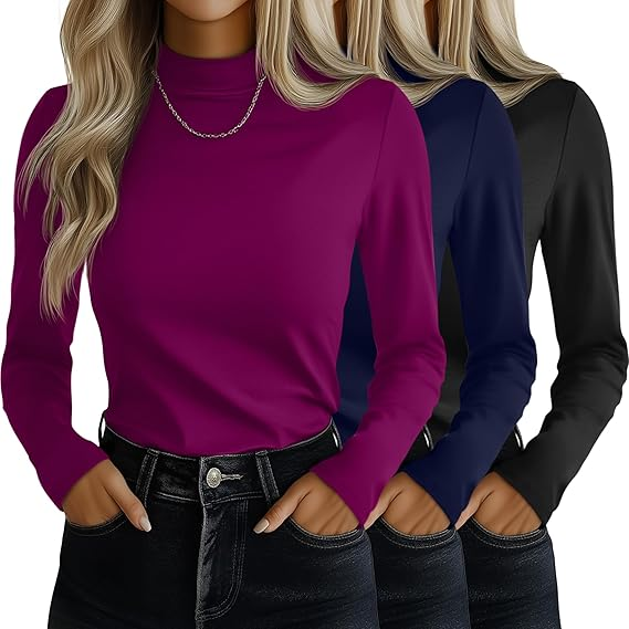 MOSHU 3 Pack Tshirts for Women Long Sleeve Mock Neck Women T-shirts Loose Fit Pullover Tops Casual Base Layer