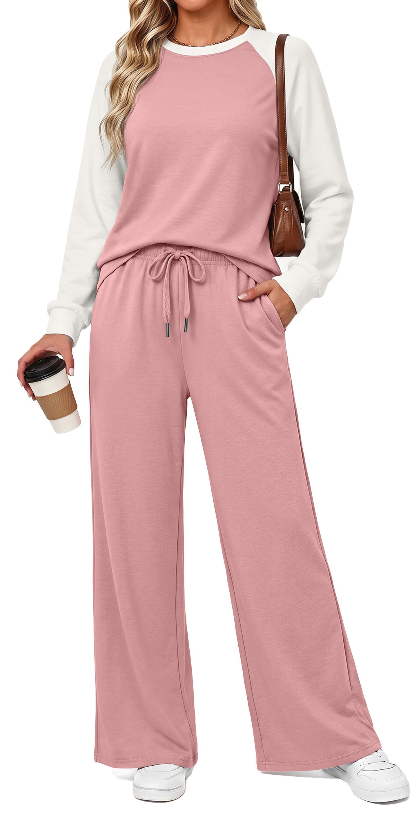MOSHU Two Piece Sets for Women Casual Fall Travel Vacation Outfits Color Block Long Sleeve Tops and Drawstring Wide Leg Pants with Pokets Lounge Sets