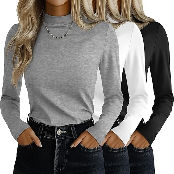 MOSHU 3 Pack Tshirts for Women Long Sleeve Mock Neck Women T-shirts Loose Fit Pullover Tops Casual Base Layer
