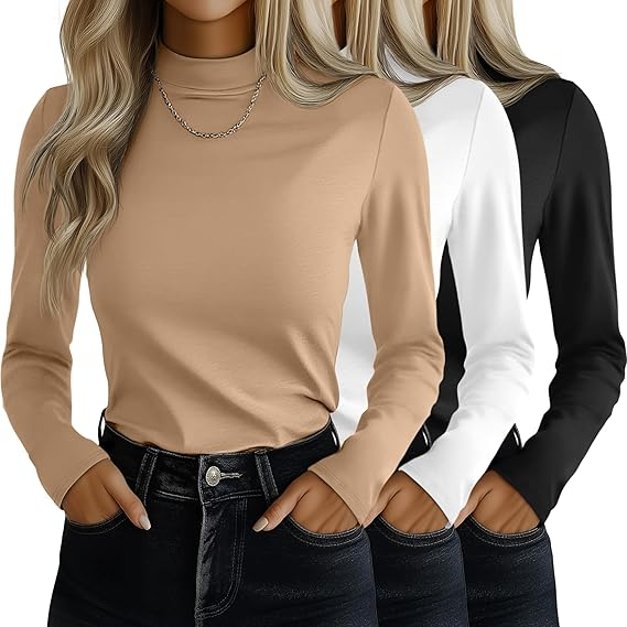 MOSHU 3 Pack Tshirts for Women Long Sleeve Mock Neck Women T-shirts Loose Fit Pullover Tops Casual Base Layer