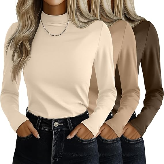 MOSHU 3 Pack Tshirts for Women Long Sleeve Mock Neck Women T-shirts Loose Fit Pullover Tops Casual Base Layer