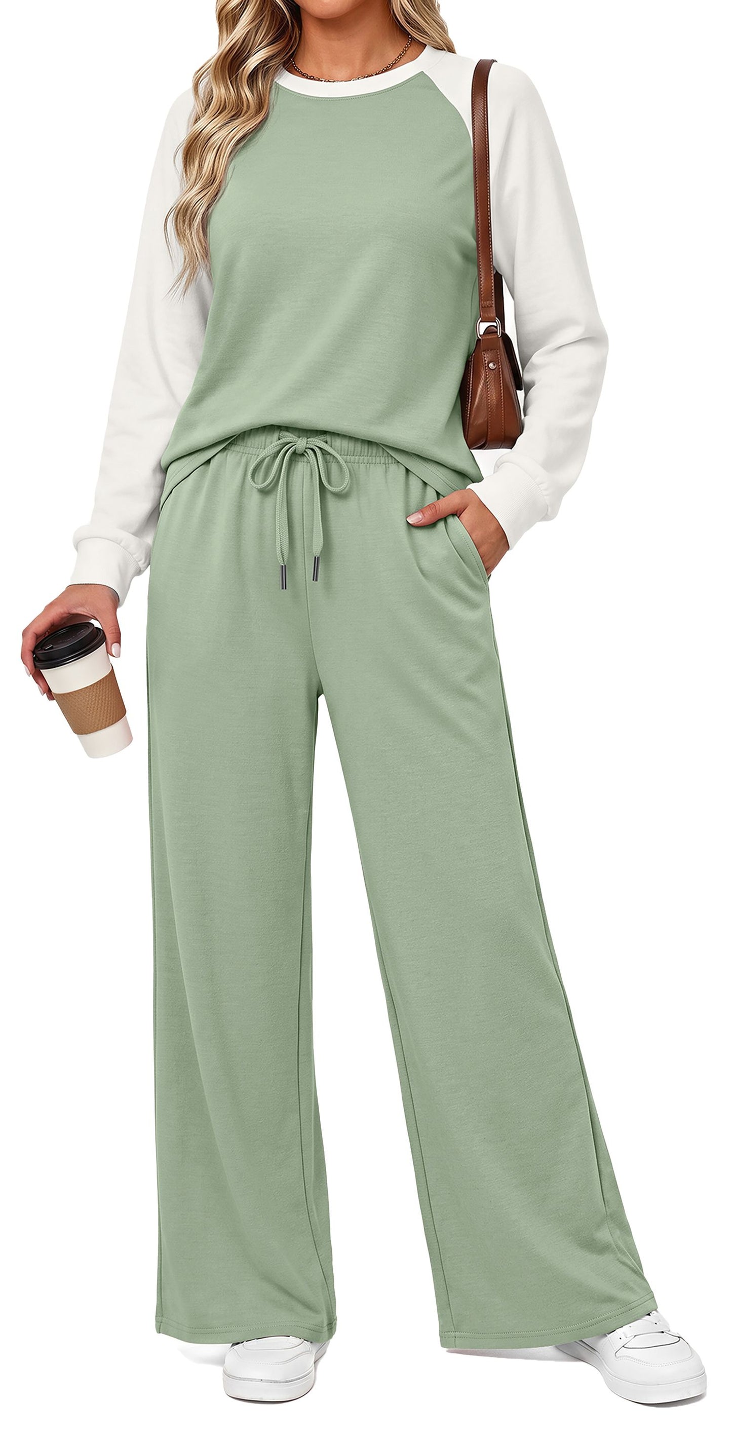 MOSHU Two Piece Sets for Women Casual Fall Travel Vacation Outfits Color Block Long Sleeve Tops and Drawstring Wide Leg Pants with Pokets Lounge Sets
