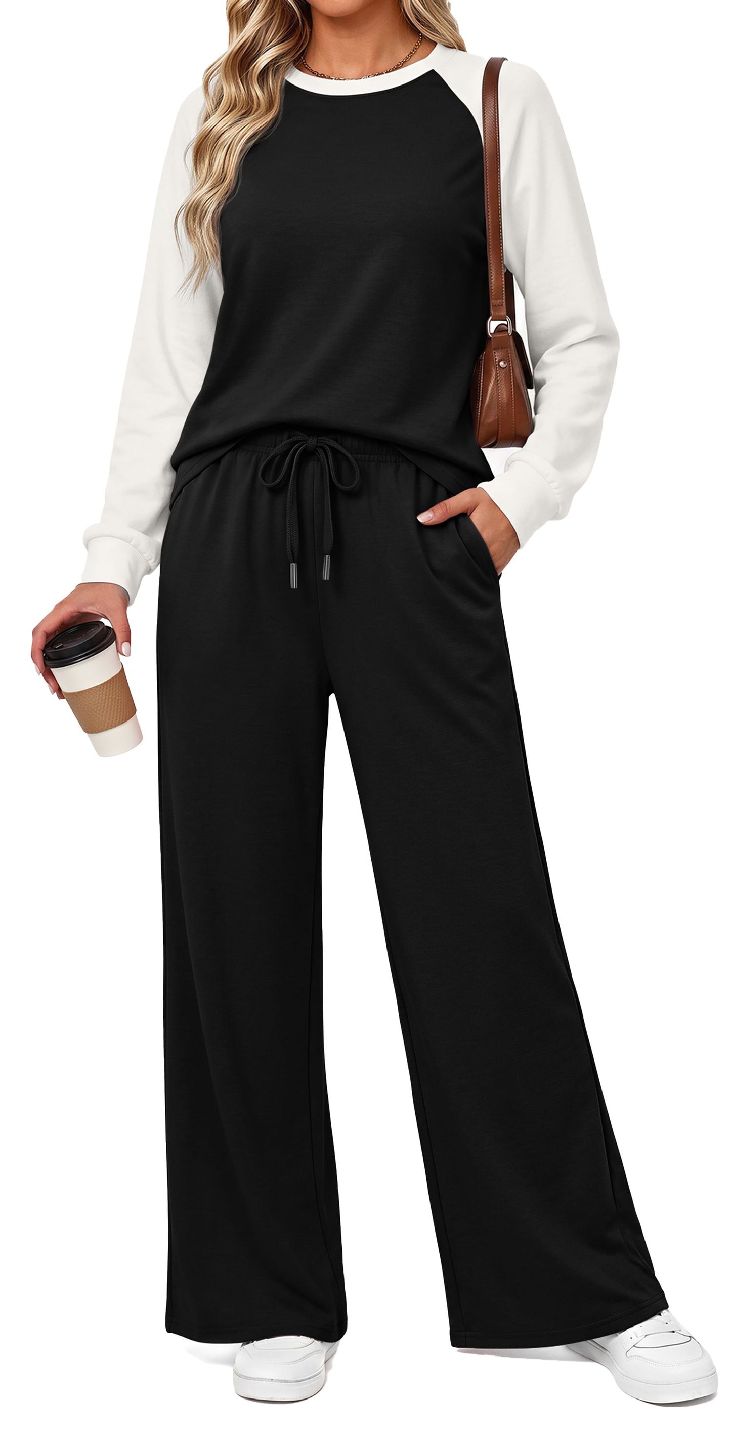 MOSHU Two Piece Sets for Women Casual Fall Travel Vacation Outfits Color Block Long Sleeve Tops and Drawstring Wide Leg Pants with Pokets Lounge Sets