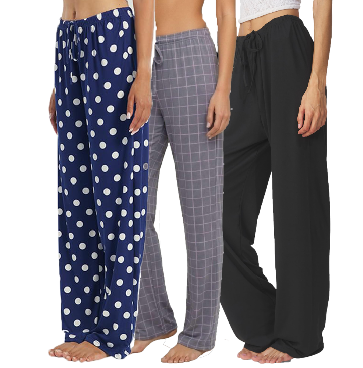 MOSHU 3 Pack Womens Pajama Pants Elastic Waist Drawstring Lounge Bottoms Wide Leg Sleepwear Lounge Pants with Pockets